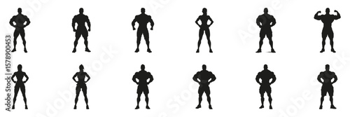 Bodybuilding Poses In Silhouette Set. Fitness And Strength Training Symbol Collection. Health And Wellness Use. Isolated Vector Illustration
