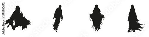 Ghostly Figures In Silhouette Set. Horror And Supernatural Theme Collection. Halloween And Spooky Design Use. Isolated Vector Illustration
