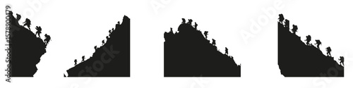 Mountain Climbing Silhouettes In Icon Set. Adventure And Teamwork Symbol Collection. Outdoor And Recreational Use. Isolated Vector Illustration