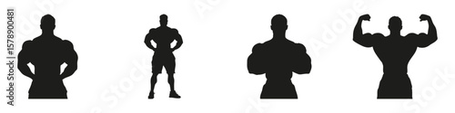 Bodybuilder Poses In Silhouette Set. Fitness And Strength Training Symbol Collection. Health And Wellness Industry Use. Isolated Vector Illustration