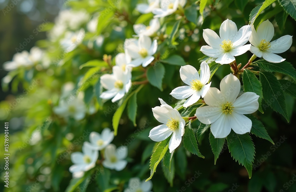 Fototapeta premium White delicate Cornus kousa dogwood flowers. Green leaves in garden on sunny spring day. Floral background with beautiful outdoor nature. Spring blossom, blooming concept.