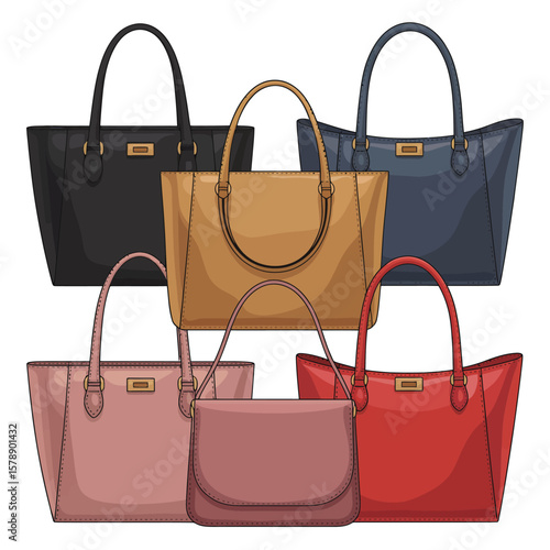 Collection of five stylish tote bags and handbags in various colors