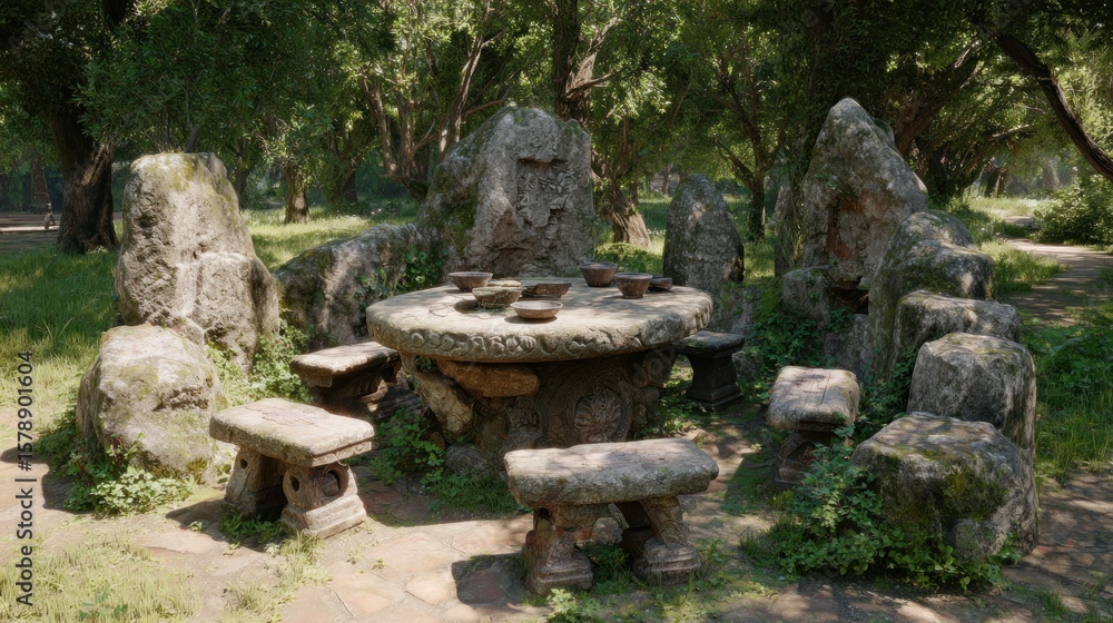 Ancient stone garden furniture in a park Ancient stone garden furniture in a park