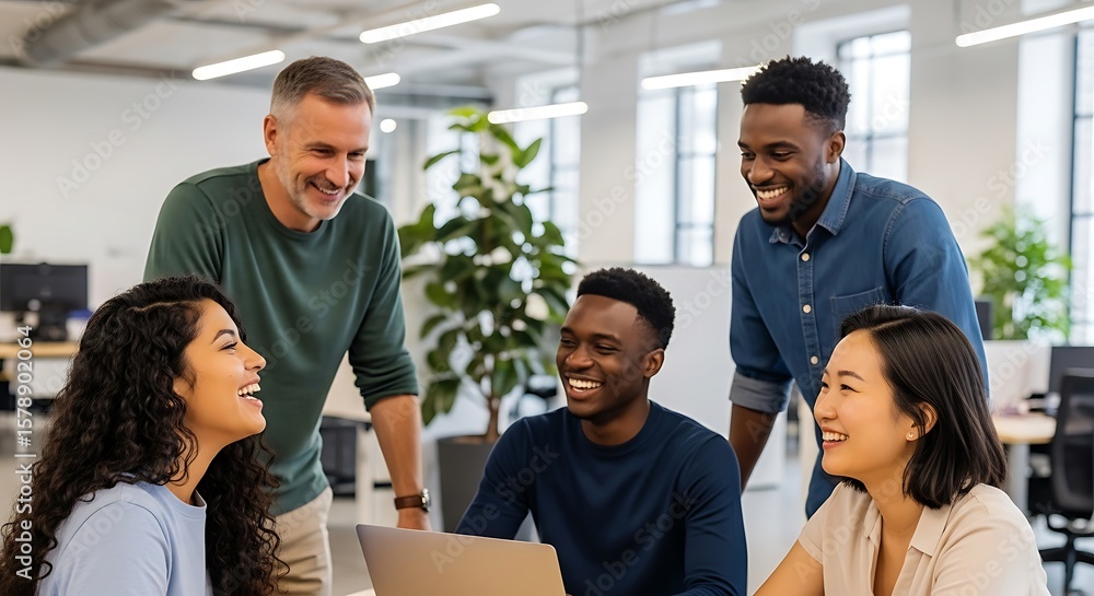 A diverse group of colleagues are gathered around a laptop in a modern office, smiling and laughing during a collaborative meeting. A diverse group of colleagues are gathered around a laptop in a modern office, smiling and laughing during a collaborative meeting.