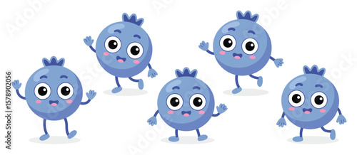 Five happy cartoon blueberries waving and smiling with cute faces