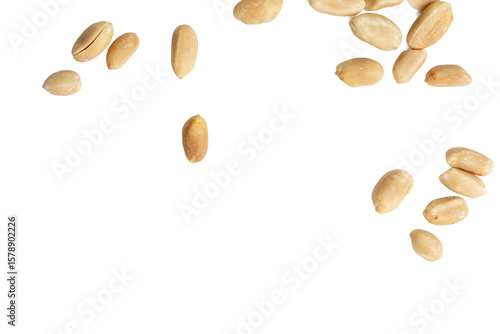 The Top view photograph of peanuts scattered on white background.