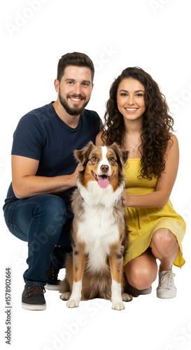 Happy Couple Posing with Australian Shepherd Dog on Transparent Background