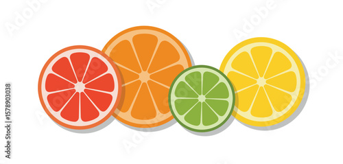 Assortment of colorful citrus fruit slices including grapefruit orange lime and lemon