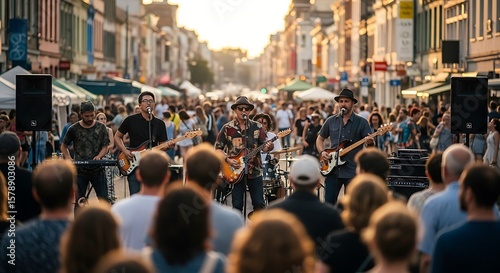 Fototapeta Naklejka Na Ścianę i Meble -  A band performs live music on a city street stage, drawing a large crowd of onlookers during a vibrant outdoor event at sunset.