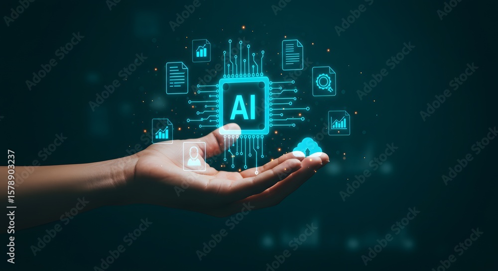 Fototapeta premium AI Technology Concept: Hand Holding Artificial Intelligence Processor with Cloud and Data Icons