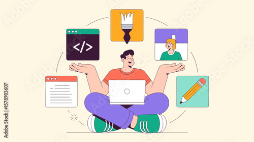 freelancer with laptop juggling multiple skill icons, vector illustration for the gig economy, freelance platforms and remote career management