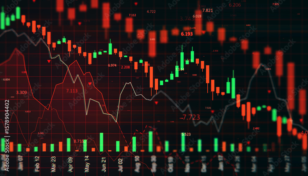 Obraz premium Digital stock market chart with red and green candlesticks indicating financial crisis and downward investment trend on dark background screen. 3D Rendering