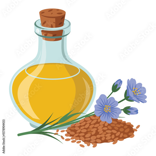 Bottle of golden flaxseed oil with flax seeds and blue flowers