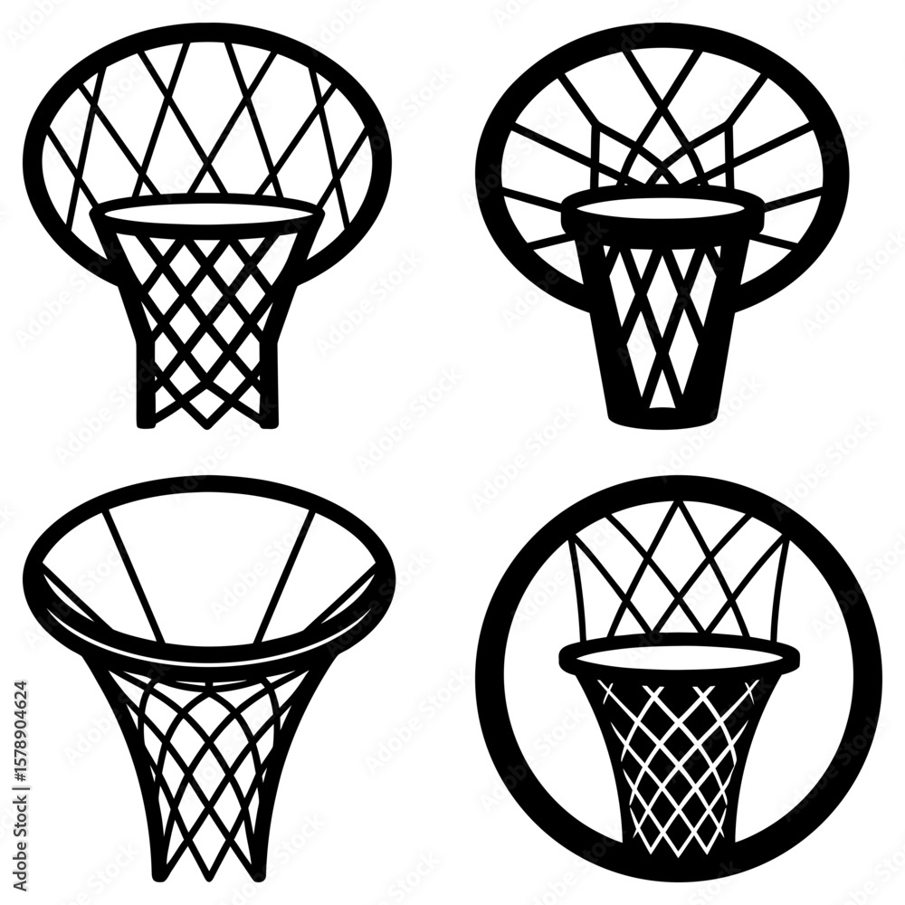 Four basketball hoops with nets in black and white vector graphic illustration on a white background Four basketball hoops with nets in black and white vector graphic illustration on a white background