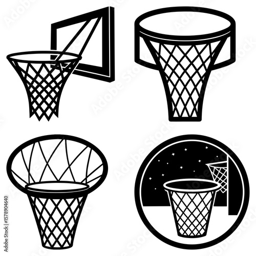 Collection of four basketball hoops in various styles and perspectives in black and white rendering
