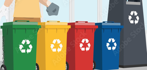 Person wearing gloves sorts waste into colorful recycling bins for proper disposal