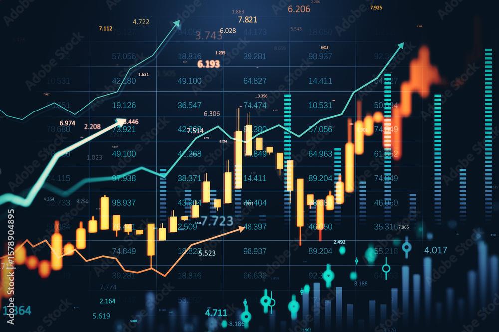 Fototapeta premium Dynamic financial chart with glowing forex and stock index data on a modern digital interface with upward growth arrows on dark background. 3D Rendering