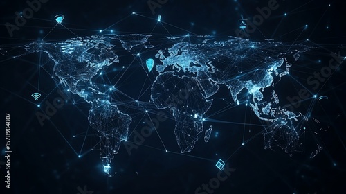 Abstract world map with polygonal lines and glowing connections on a dark background showing digital connectivity and global networks