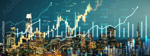 Photography San Francisco cityscape with financial market data charts and graphs overlay showing real estate investment growth trends at night in California