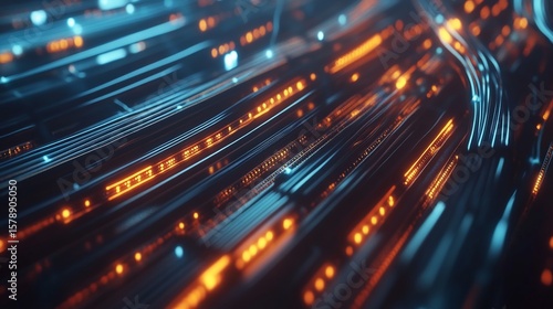 Abstract aerial view of illuminated data cables conveying information through fiber optics network