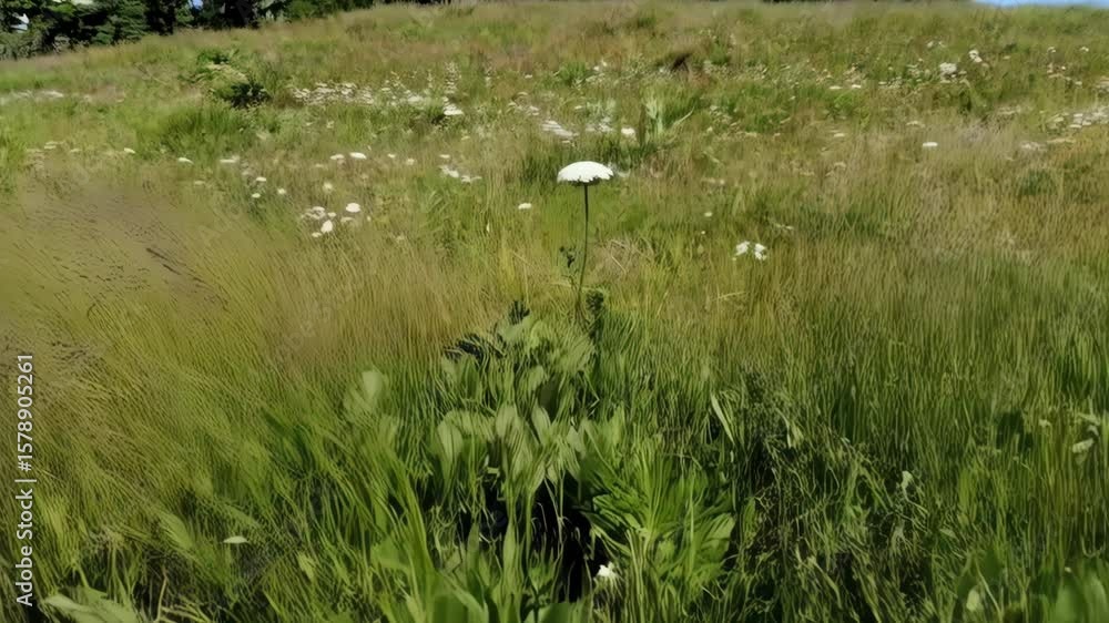 Queen Anne's lace wildflower surrounded by grasses and other flowers in a lush field on a bright sunny day in summer Queen Anne's lace wildflower surrounded by grasses and other flowers in a lush field on a bright sunny day in summer