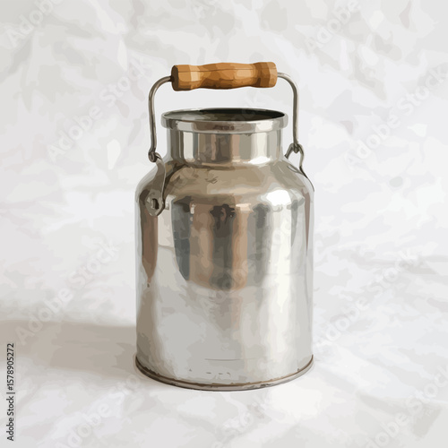 Vintage stainless steel milk can with wooden handle on white background