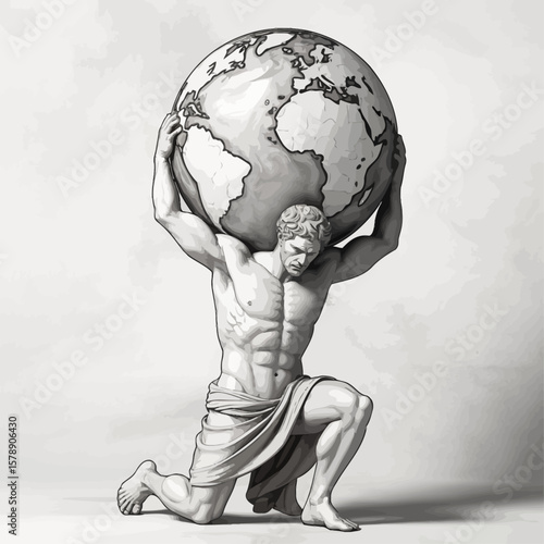 Atlas Statue Kneeling and Supporting the Weight of the World Globe.