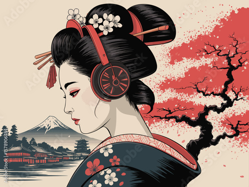 Elegant Geisha in Traditional Kimono with Headphones and Cherry Blossoms Background.