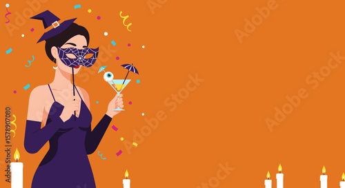 Stylish Halloween woman with mask and cocktail for party invitations, event promotions, and festive decor