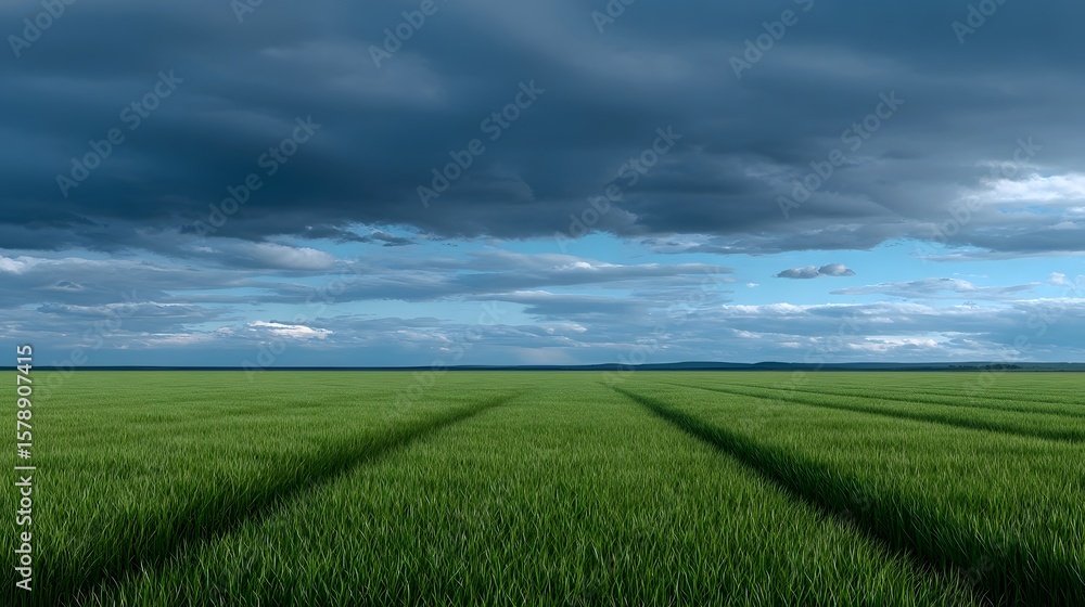 Obraz premium Scenic countryside landscape with lush green fields and dramatic sky
