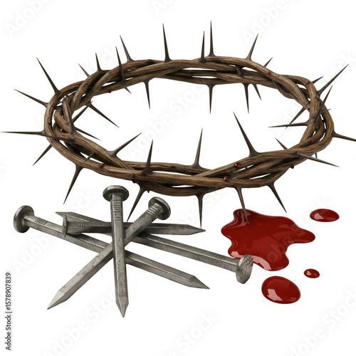 Illustration Crown of Thorns and Nails with Blood Symbol of Sacrifice