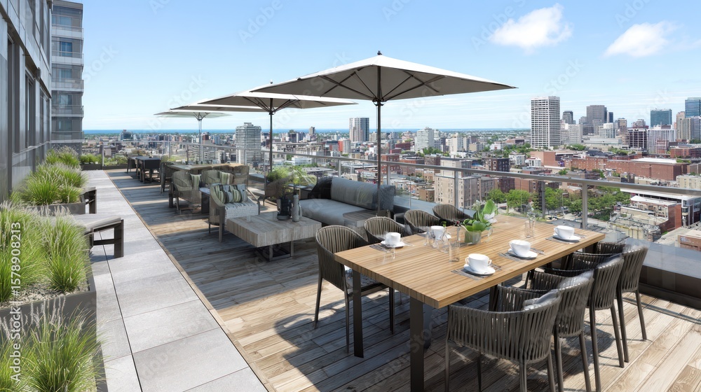 Obraz premium Rooftop terrace with city view. Modern furniture and dining area
