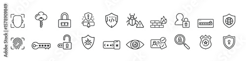 Cybersecurity, privacy and data protection icons including locks, firewalls, passwords, biometric scan and alerts