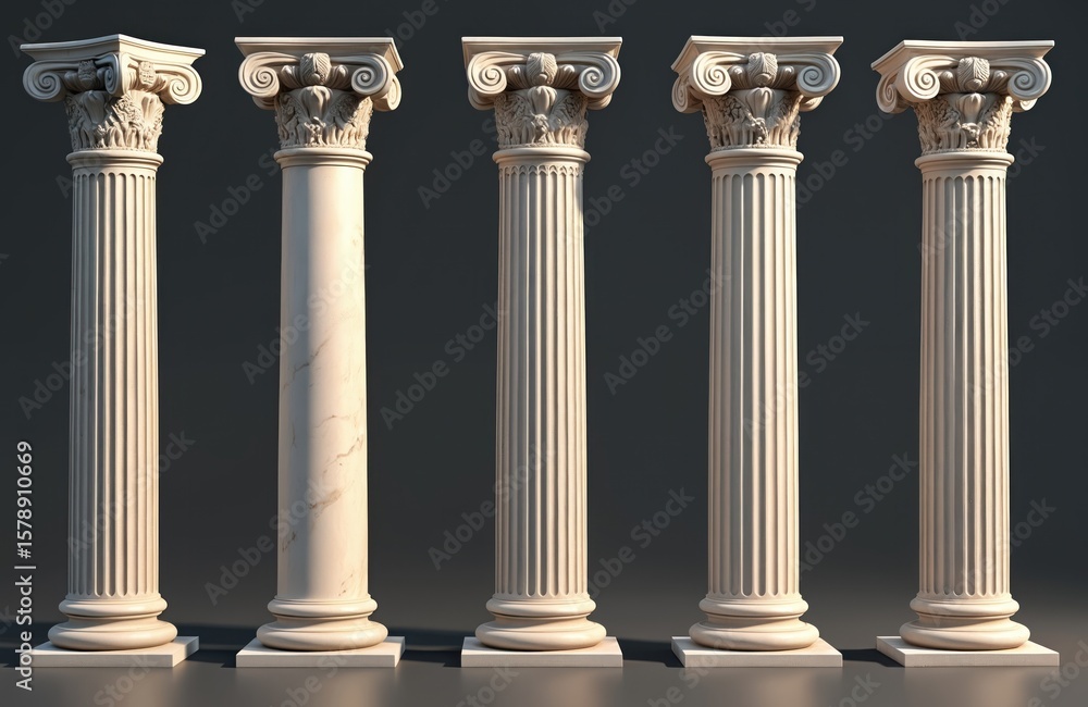 Obraz premium Illustration set old Roman columns. Marble Greek pillars architecture. Classic design elements, building facade, support structure. Ideal for architectural projects, historical themes. Elegant
