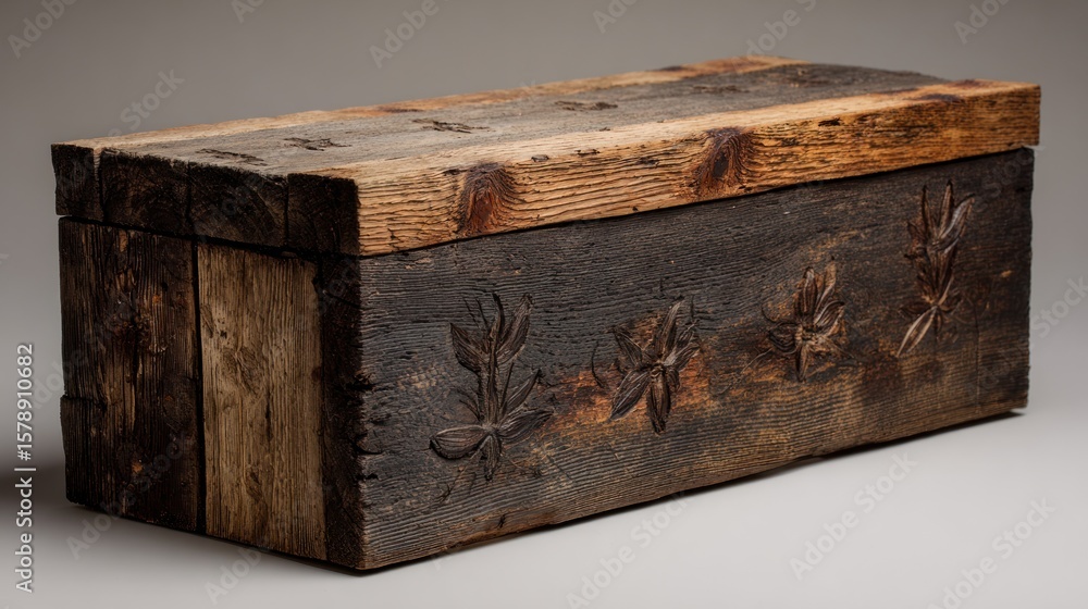 Fototapeta premium Aged wooden box with carved floral design