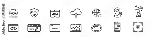 Line icons for internet security, website login, and online privacy including cloud upload, 404 error, and web tracking