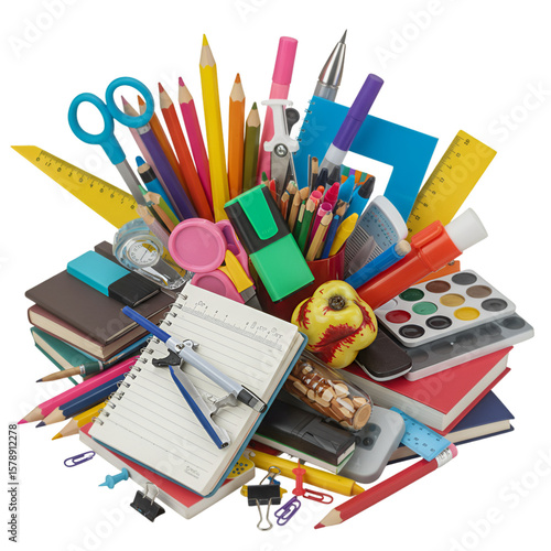 Colorful Stationery Equipment For School With Notebooks And Pencils Isolated