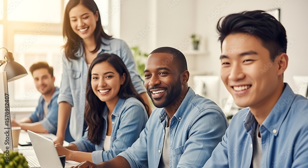 Obraz premium Diverse group of young professionals smiling and collaborating on a project in a bright, modern office setting, using a laptop and desktop computer.