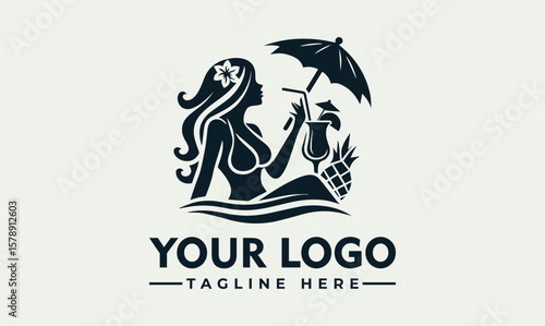 Silhouette logo of a mermaid enjoying a cocktail on a tropical island.