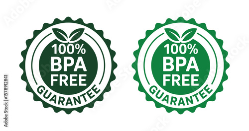 Pair of Green 100% BPA Free Guarantee Seals with Leaves, Denoting Safe and Eco-Friendly Product Certification