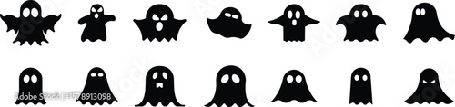 Ghost vector icons set, spooky, scary, and cute spirit collection, solid and outline graphic group, editable design elements for Halloween, horror, fantasy, and decorative projects