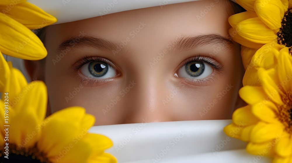 Sunflower-framed face with captivating eyes Sunflower-framed face with captivating eyes
