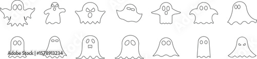 Ghost vector icons set, spooky, scary, and cute spirit collection, outline graphic group, editable design elements for Halloween, horror, fantasy, and decorative projects