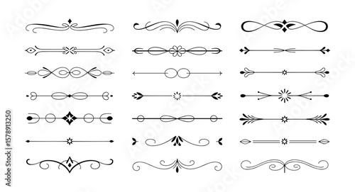 Extensive collection of elegant vintage text dividers and ornamental page rules with diverse flourishes, swirls, and minimalist designs, ideal for invitations, certificates, and refined typography.