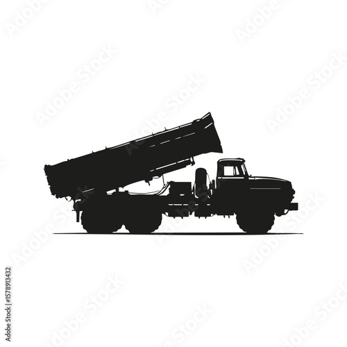 Military Missile Launcher Truck Silhouette. Defense And Warfare Equipment. Isolated Vector Illustration