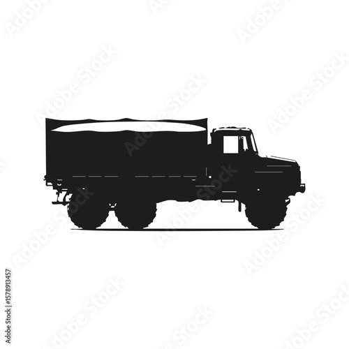 Military Cargo Truck Silhouette. Symbol Of Strength And Utility. Isolated Vector Illustration