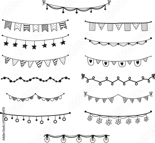 Set of carnival garland icons, decorative party pennants collection, children's hand drawn bunting group, festive fair and birthday celebration outline vectors on transparent background