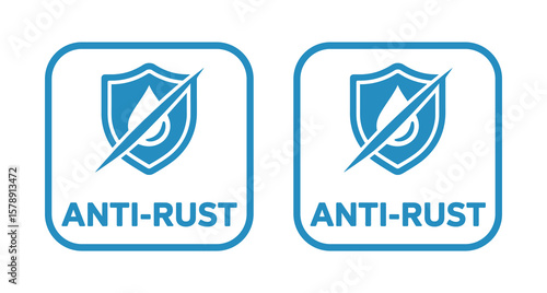Pair of Blue Anti-Rust Icons with Shield and Water Drop, Signifying Corrosion Protection and Durability