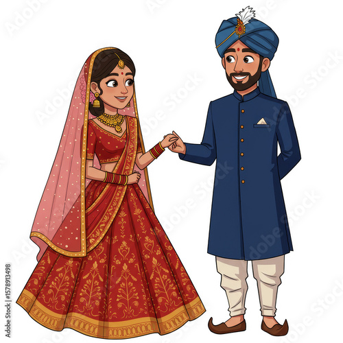 Illustration of Indian Wedding Couple Bride and Groom in Traditional Attire