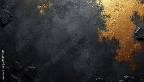 Dark abstract background with gold texture. Graphic design element features grunge look. Overlay texture for design, wall art. Modern artistic digital art. Creative gold dark background.